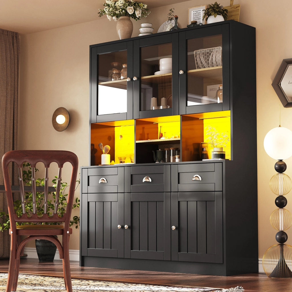 Mobile da cucina con LED, ante acriliche e cassetti nero