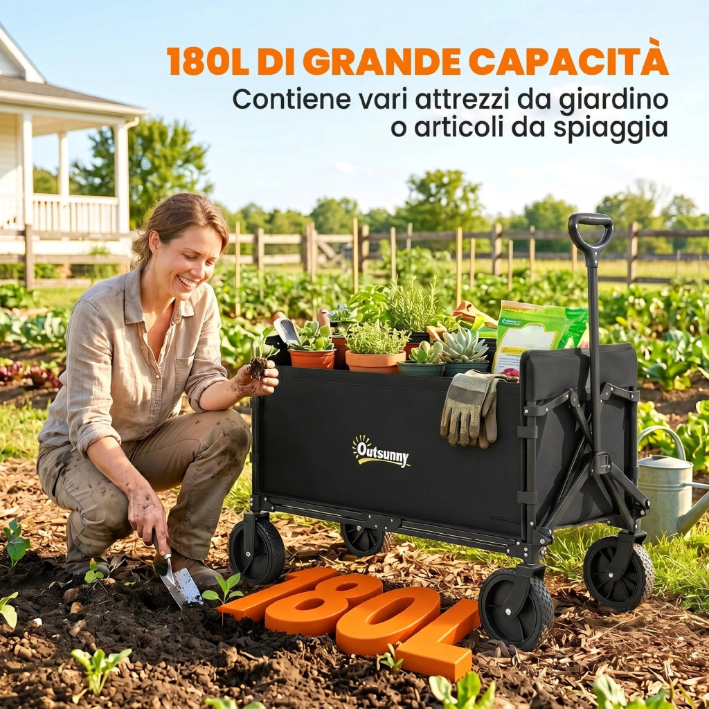 Carrello da Giardino da 180L Pieghevole con Pannello Apribile, in Acciaio e Poliestere, 90x48x62 cm, Nero