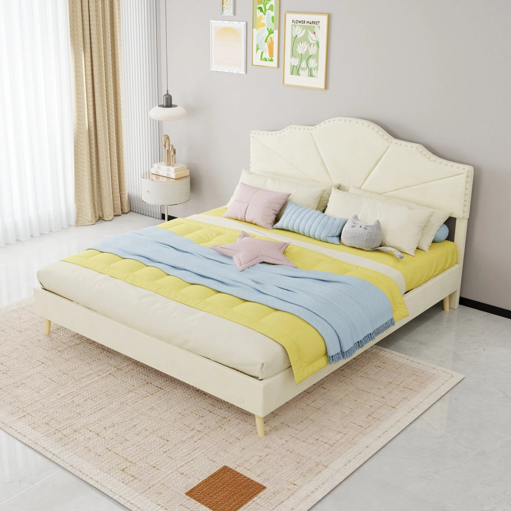 Letto imbottito con testiera geometrica 160 x 200 cm; rivestimento beige