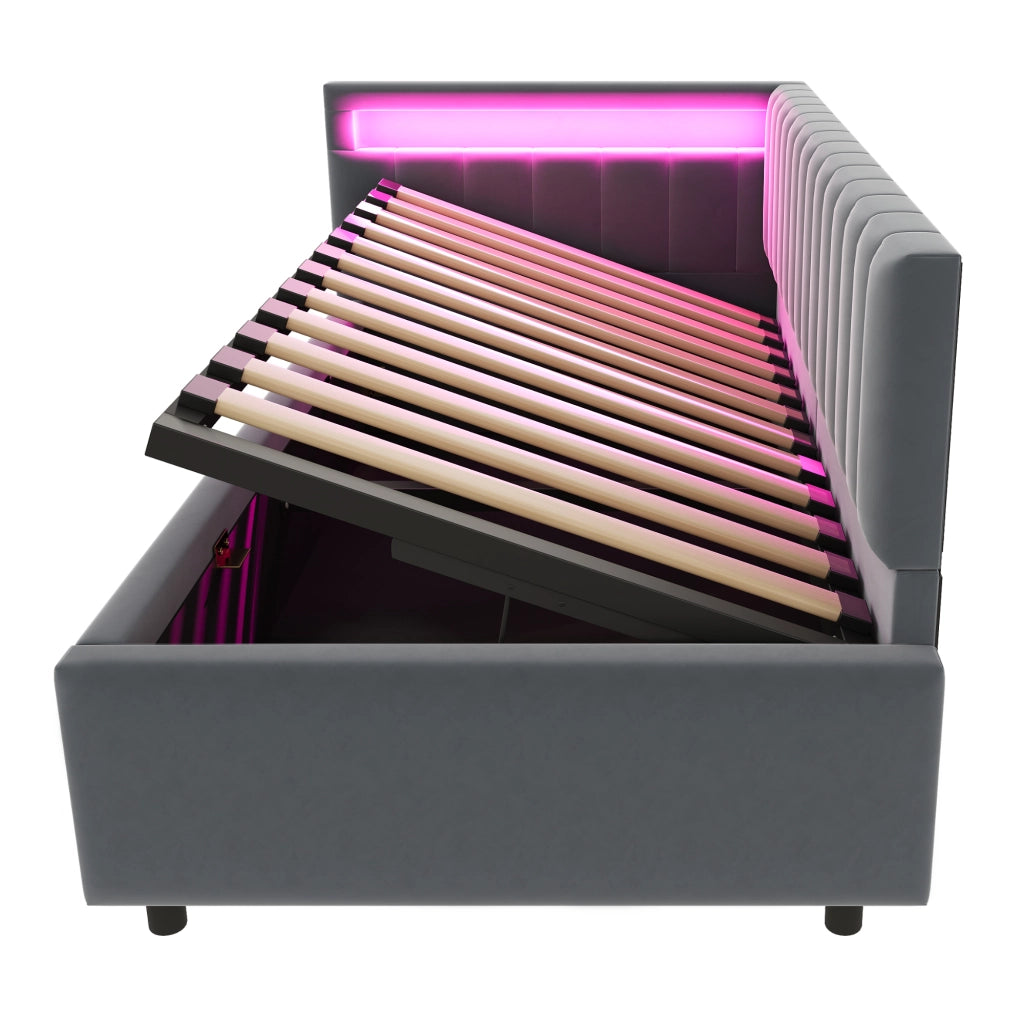 OKWISH Letto Divano 90×200 cm, Letto Singolo con LED, Contenitore Idraulico e Testiera Reversibile, senza Materasso, Grigio