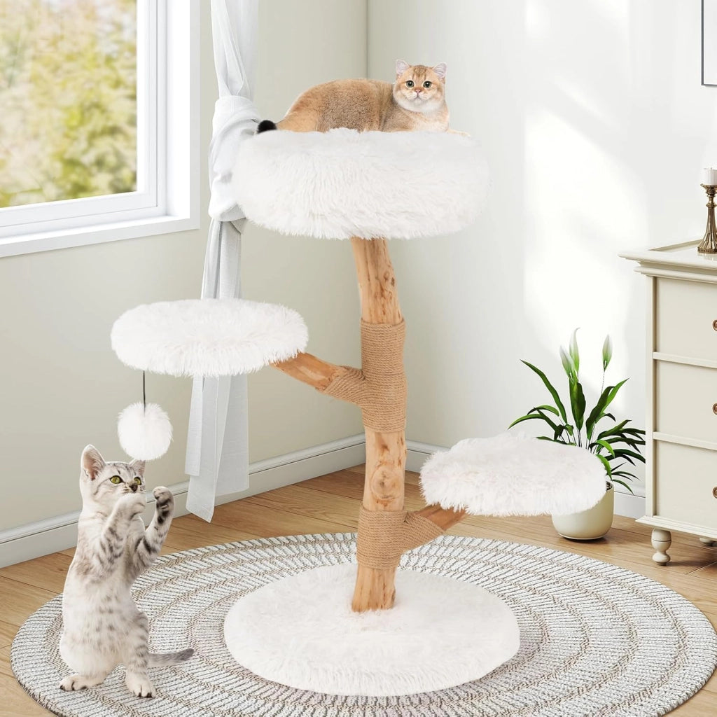 Albero per Gatti 90 cm, Torre per Gatti in Legno con Piattaforma in Tessuto in Pile Lungo, Tiragraffi in Juta e Pallina Pendente, Cuccia per Animali Domestici (Bianco)
