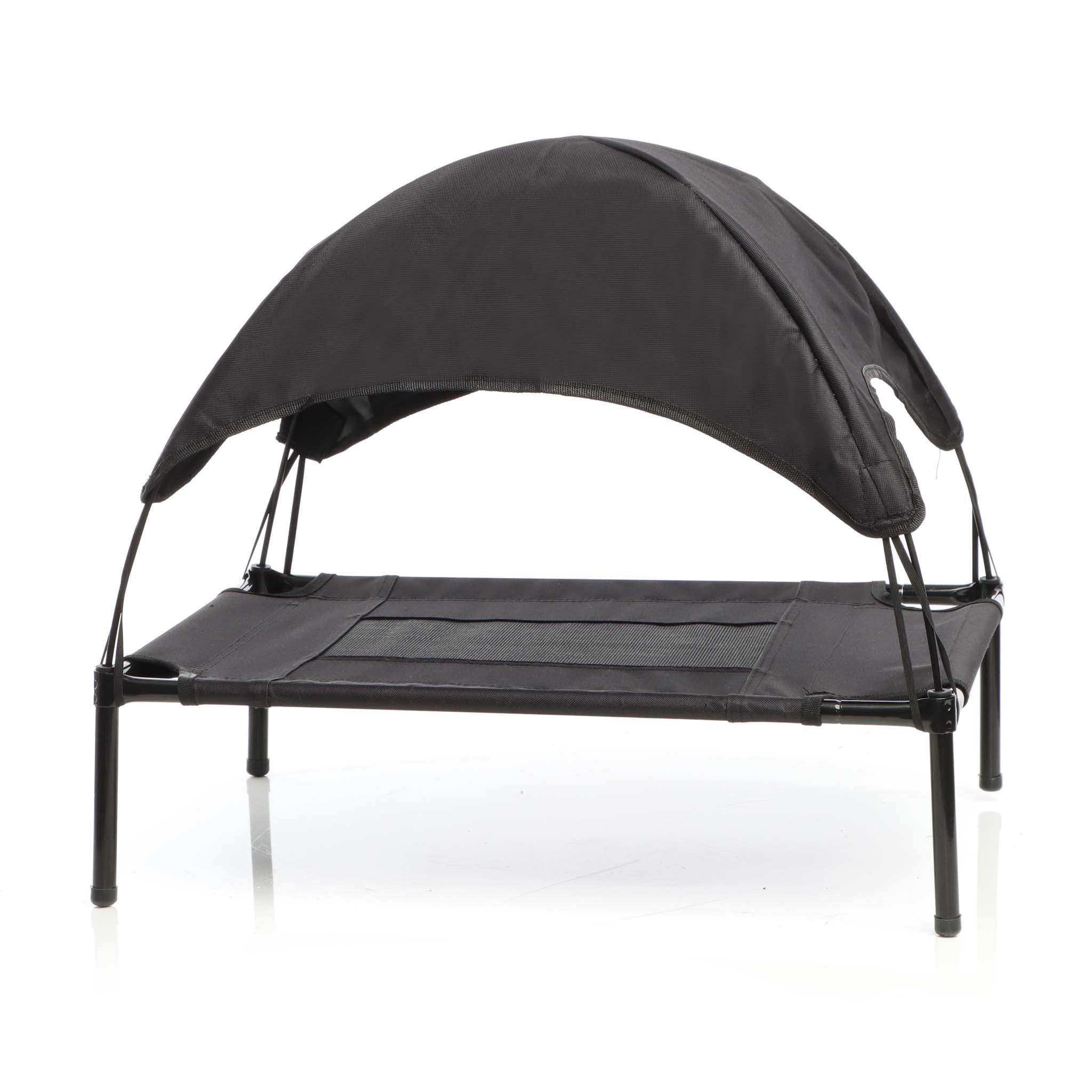 Brandina per cani e gatti con tettoia nera, cuccia per cani max 50kg, lettino da esterno per animali con tettuccio parasole, 122x91x16cm