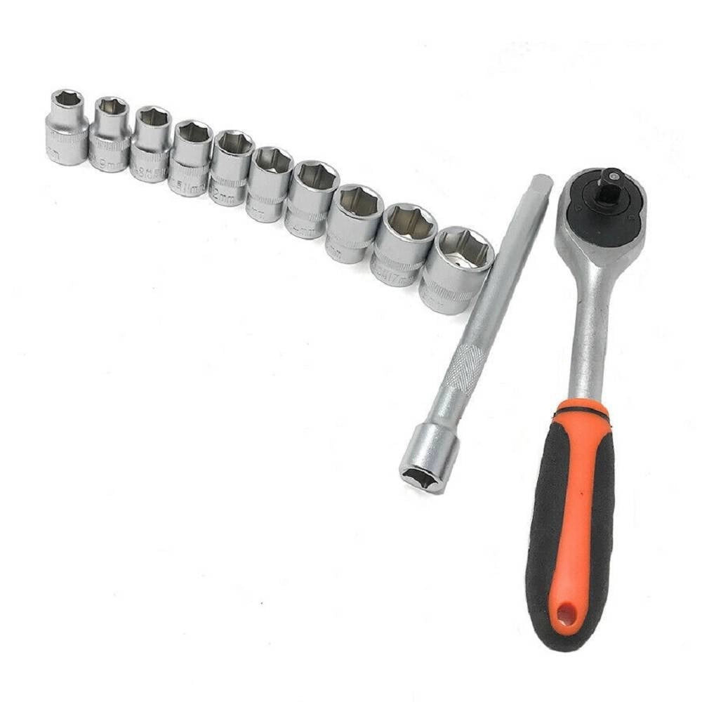 Trade Shop - Set 10 Bussole Da 8 A 19 Mm Con Chiave Cricchetto Reversibile Da 3/8 E Prolunga -