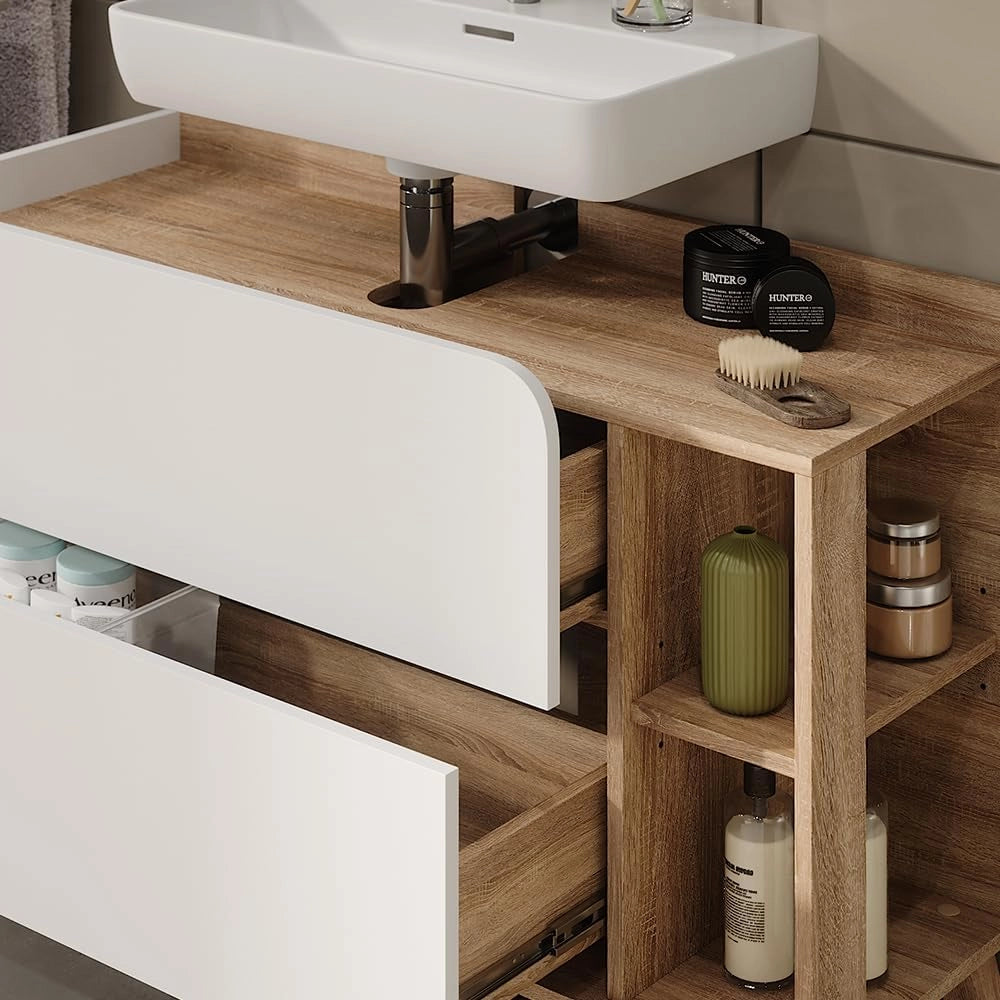 Mobiletto per lavabo Karen, Sonoma/Bianco, 100 x 65 cm con 2 cassetti, per montaggio sotto il lavabo con apertura per sifone