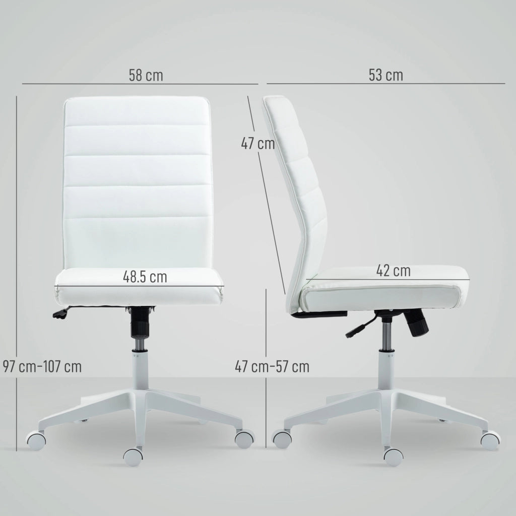 Sedia da Ufficio Ergonomica e Regolabile 58x53x97-107 cm con Schienale Ricurvo in Pelle PU e Acciaio Bianco