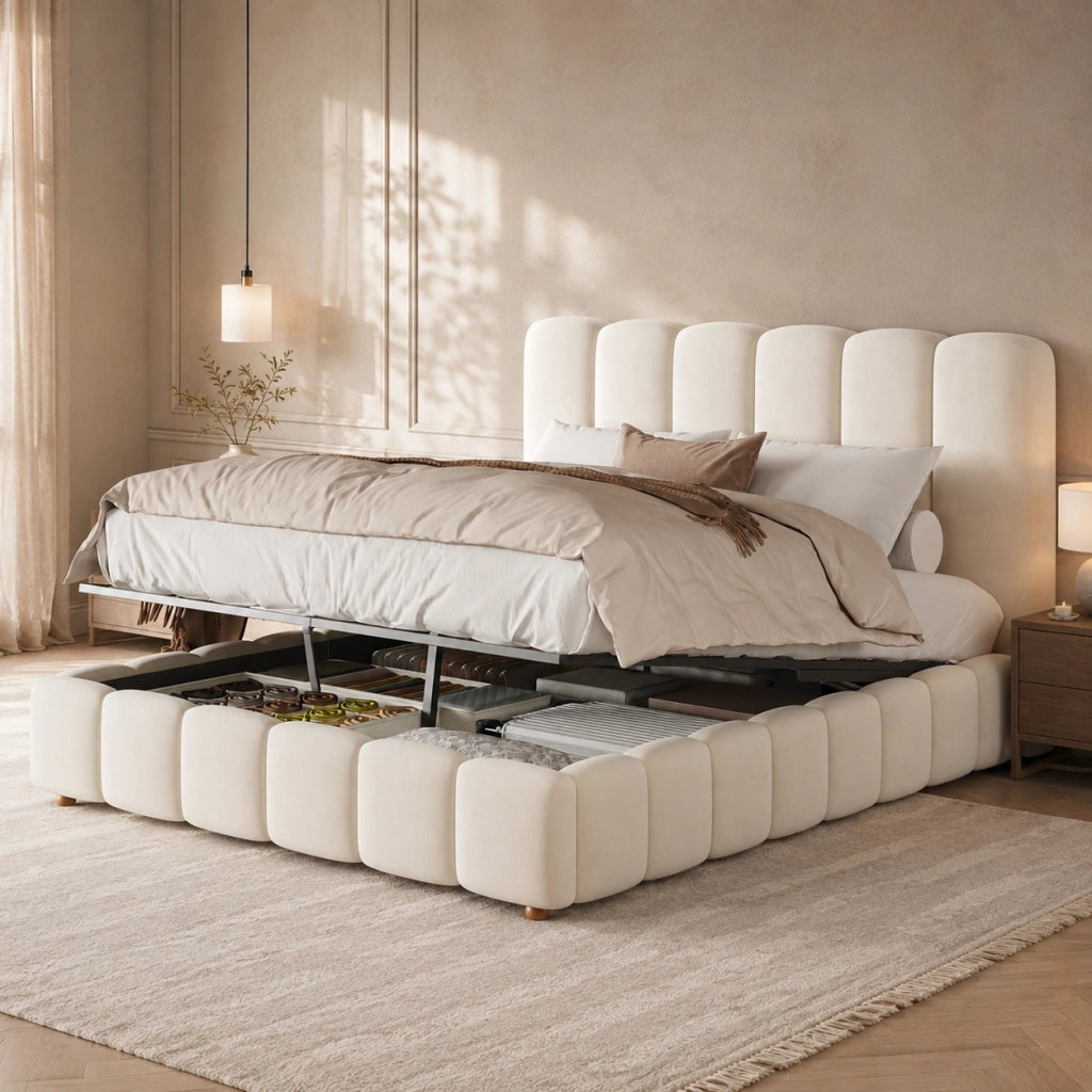 Letto imbottito con contenitore idraulico, 140x190 cm, velluto beige