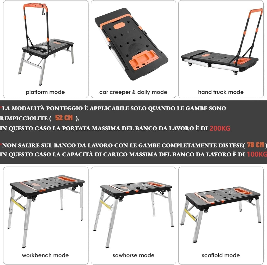 7 in 1 Banco da Lavoro Pieghevole,Tavolo da Lavoro Pieghevole Regolabile in Altezza con Spina Integrata,Carrello a Mano da Trasporto con 4 pcs Ruote,Piattaforma di Lavoro per Lavoro fai da te