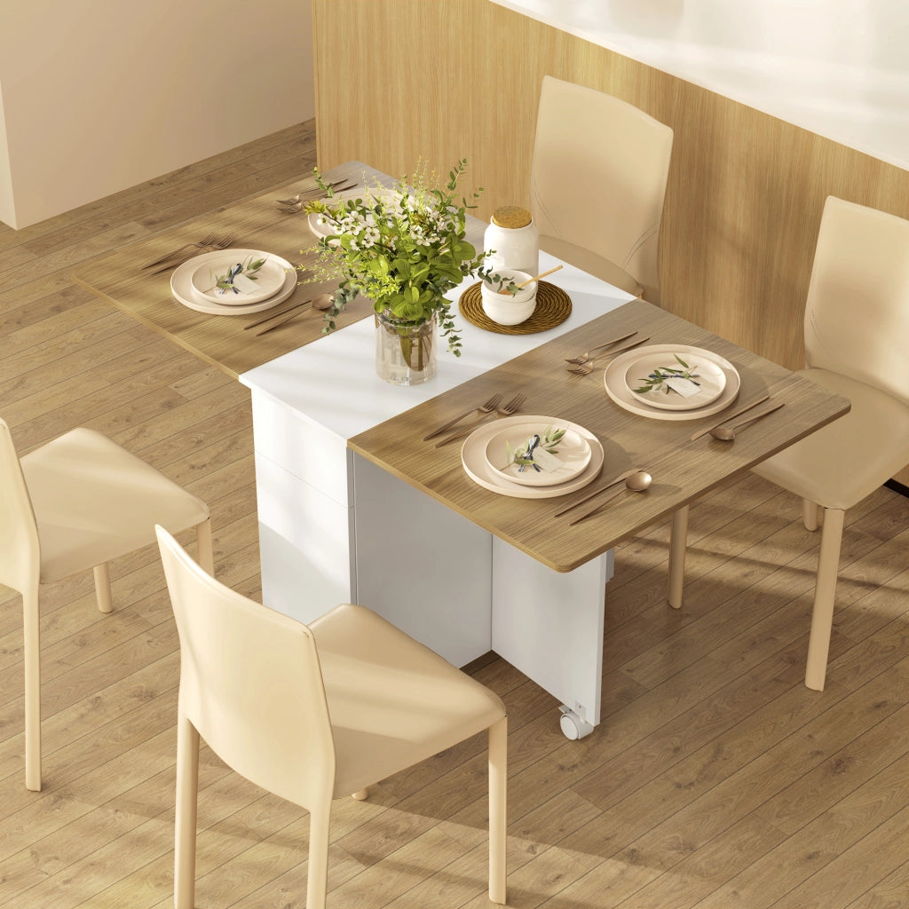 Tavolo da pranzo allungabile rettangolare con cassetti e armadietto ¨C zephmum ¨C Bianco e legno 140x76x74 cm