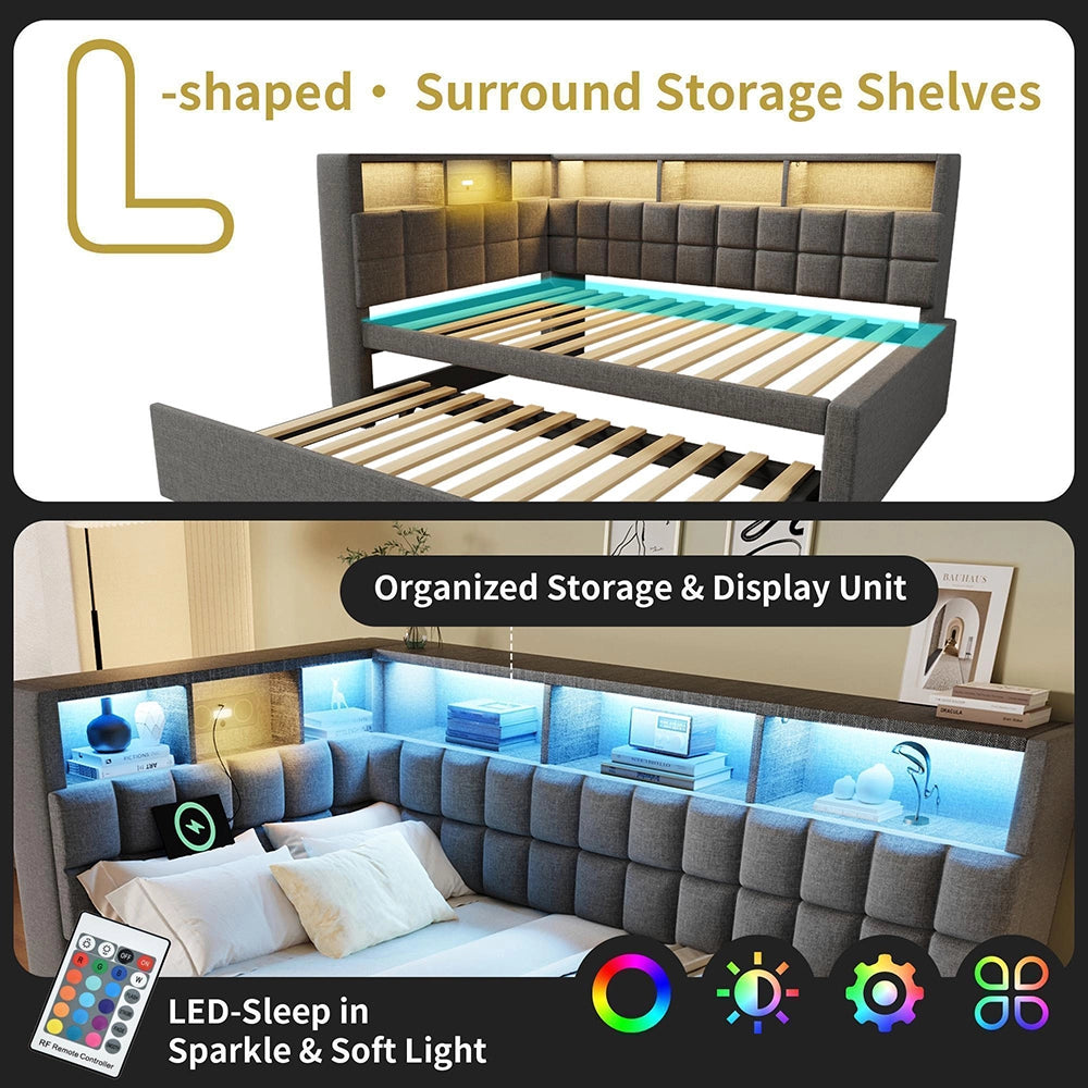 Letto imbottito-Xylo-90x200cm+90x190 LED Bluetooth USB-C testiera L lino grigio senza materasso
