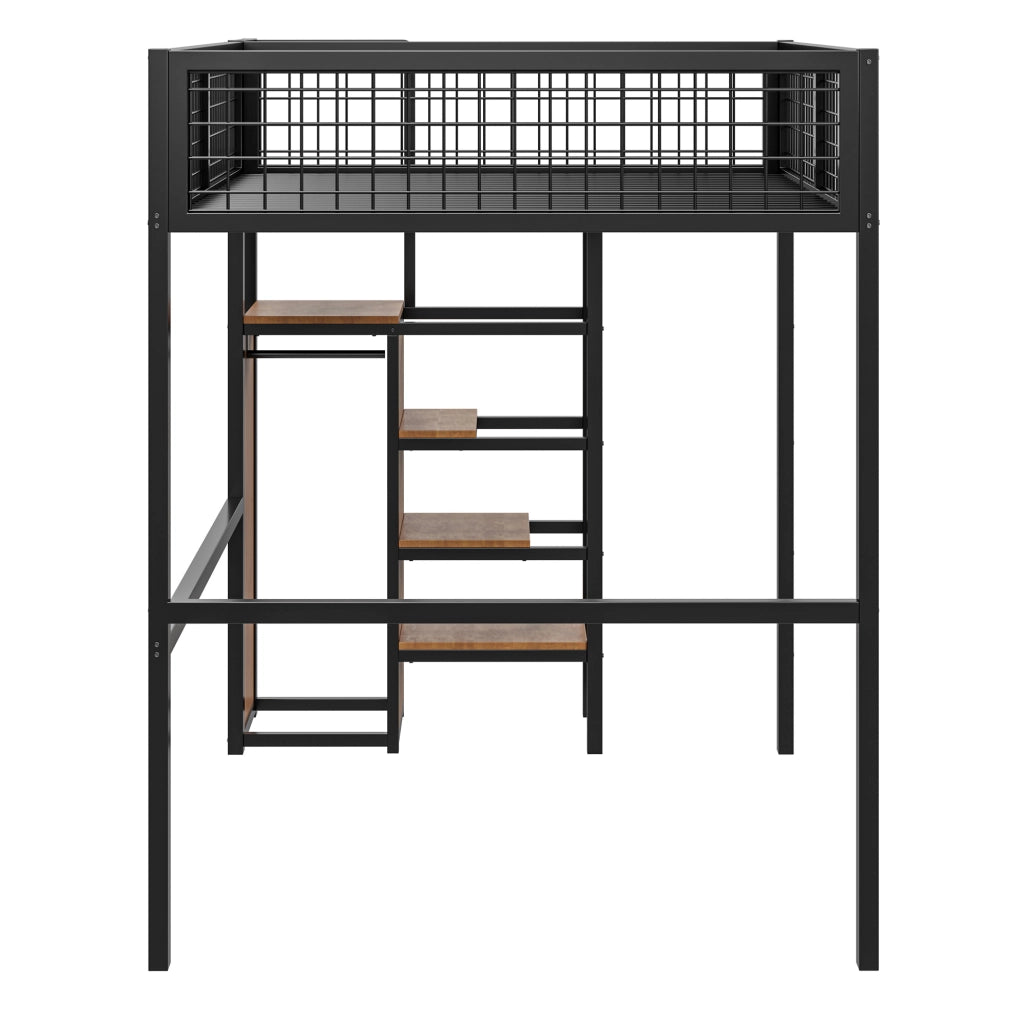 Hochbett 140x200 cm con scala e armadio integrato; struttura in metallo nero
