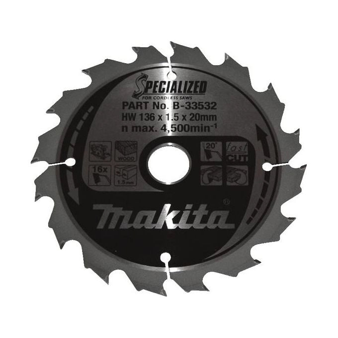 Makita B-33532 Lama circolare per legno 136 mm 16 denti foro 20 mm forma dente ATAF colore Nero