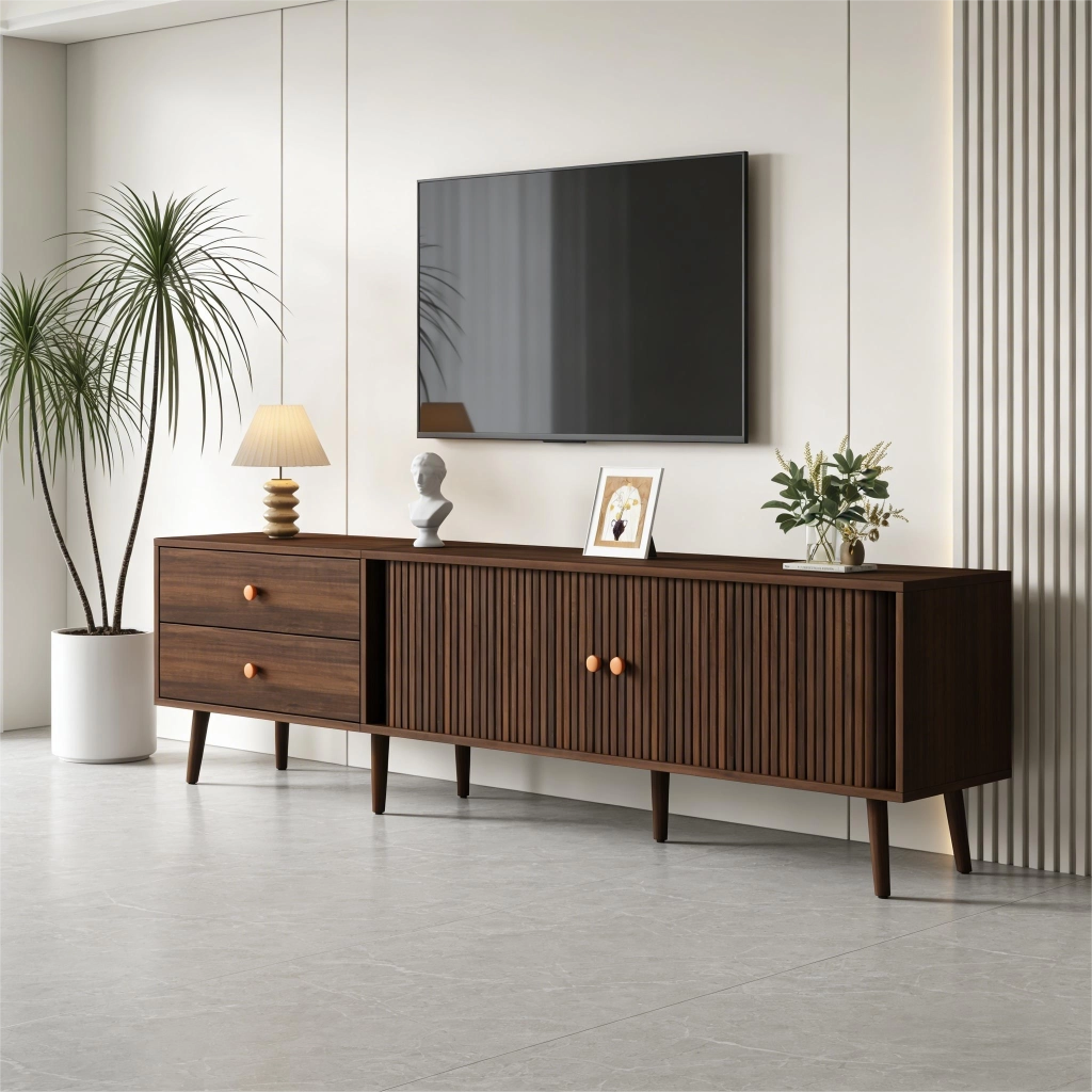 Mobile porta TV con 2 cassetti, 2 ante scorrevoli e 8 piedi, per soggiorno, in MDF, noce, 180 × 40 × 46,5 cm