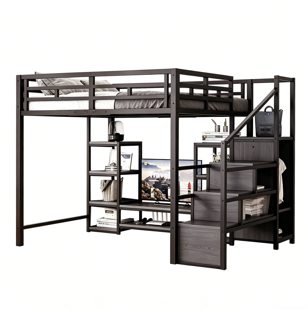 Letto a soppalco 140x200 con supporto TV, presa integrata e scala contenitore