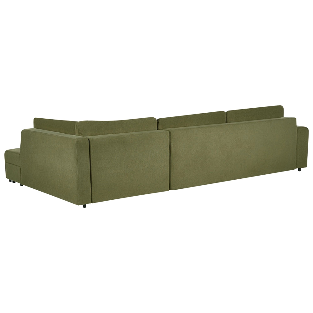 Divano letto a 4 posti ad angolo con rivestimento in tessuto verde a sinistra con contenitore e ottomano spesso imbottito