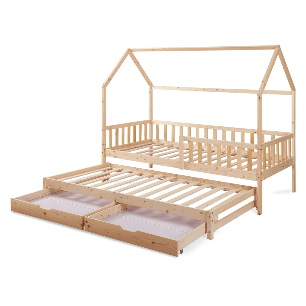 Letto a Casetta per Cameretta Aarghonmaa in Legno di Pino con Letto Estraibile e 2 Cassetti 90x200 cm - Naturale [en.casa]