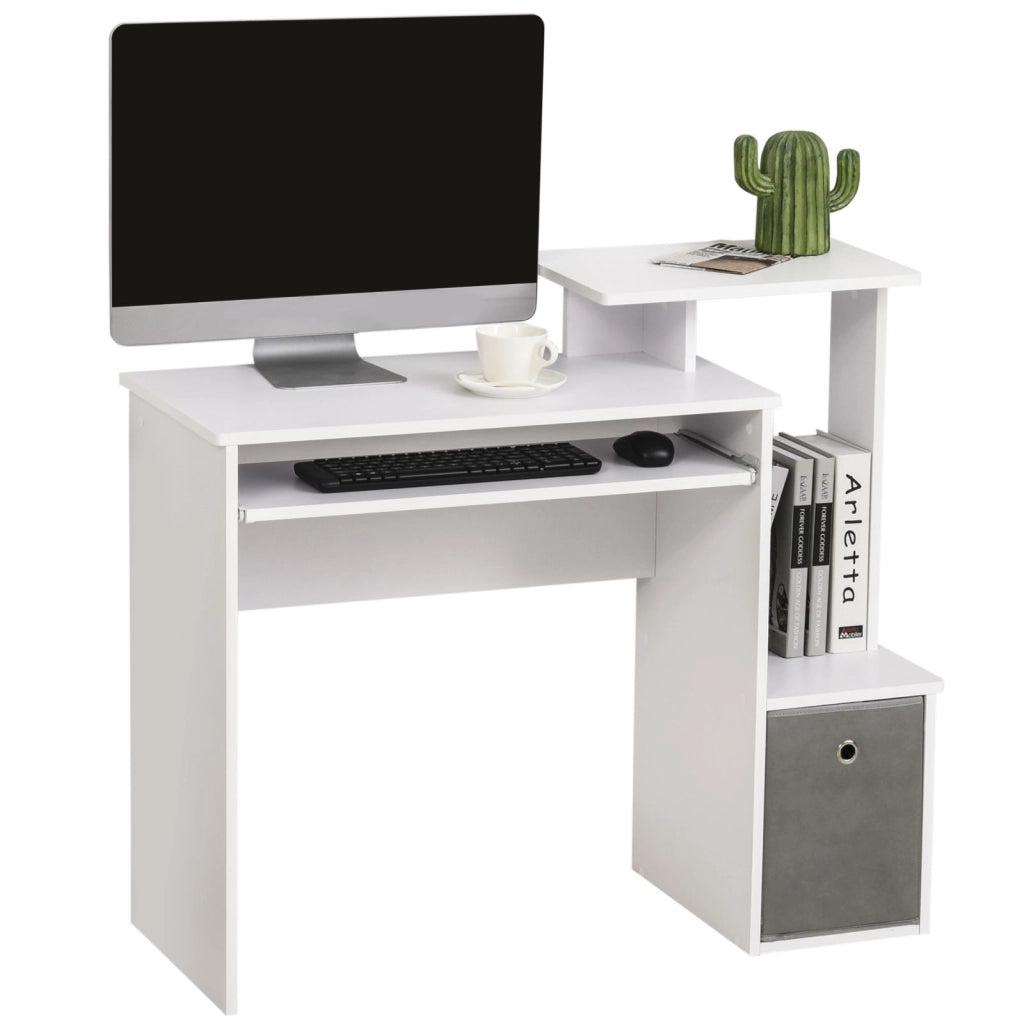 EasyComfort Scrivania Moderna per PC con Mensola Porta Tastiera, Ripiano e Cassetto in Tessuto, in Legno, 100x40x86.6cm, Bianco