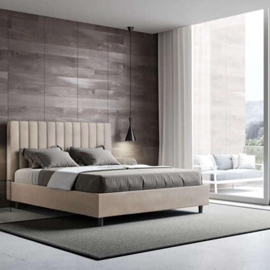 Letto matrimoniale contenitore imbottito 160x200 microfibra sabbia Agueda