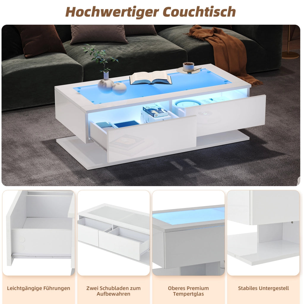 Tavolino da salotto 100x50x35 cm bianco lucido con 2 cassetti; piano in vetro temperato e LED