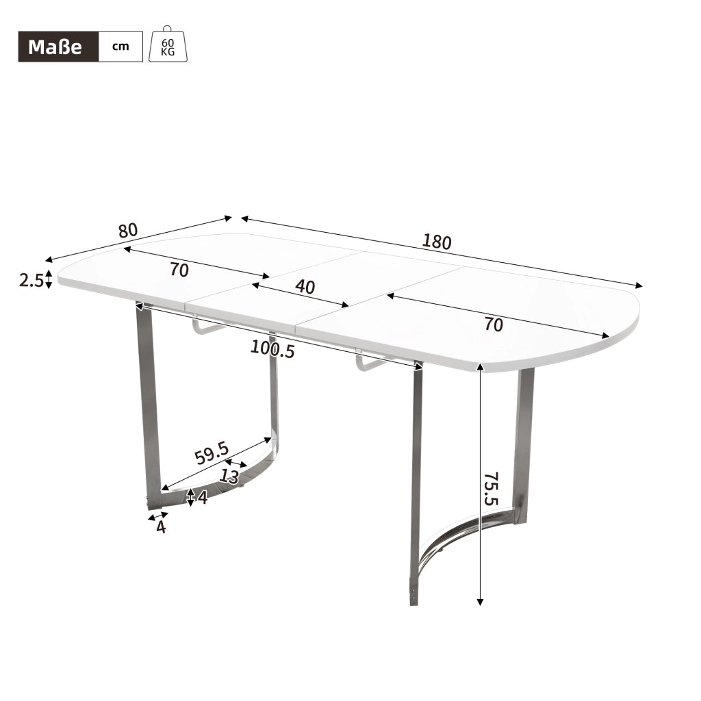 Tavolo da pranzo allungabile 140/180 x 80 cm, design moderno, piano bianco in MDF, gambe effetto argentato, portata massima 60 kg