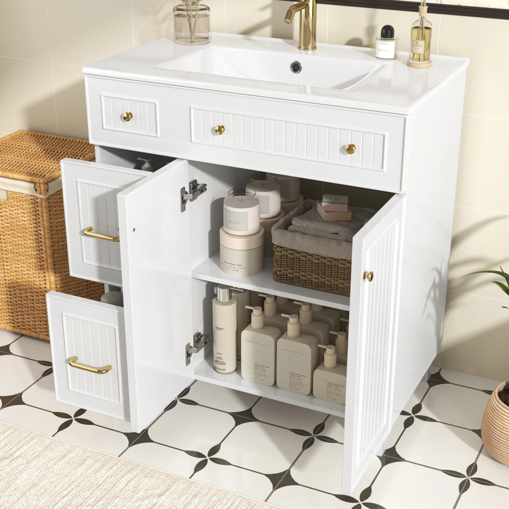 Mobile sottolavabo con lavabo in ceramica, 2 cassetti e 1 anta, piedini in legno massello, per bagno, bianco, 81,7 cm