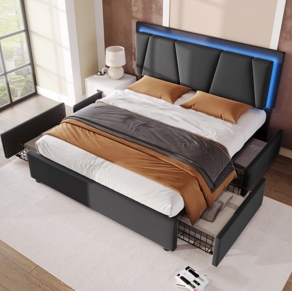 Letto matrimoniale 160x200 grigio con LED, 4 cassetti e testiera regolabile