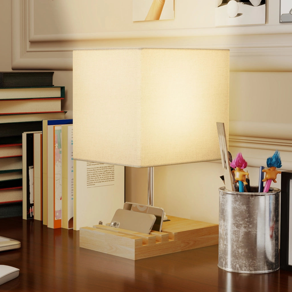 Comodino con Luci LED e USB ¨C Zephmum ¨C Bianco Legno Tessuto 40x40x50