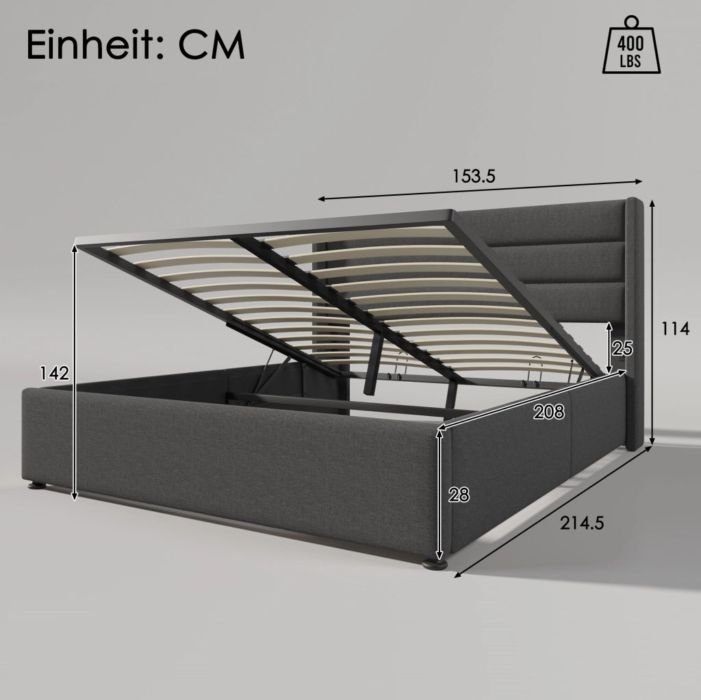 Letto imbottito contenitore idraulico 140x200 cm in lino grigio