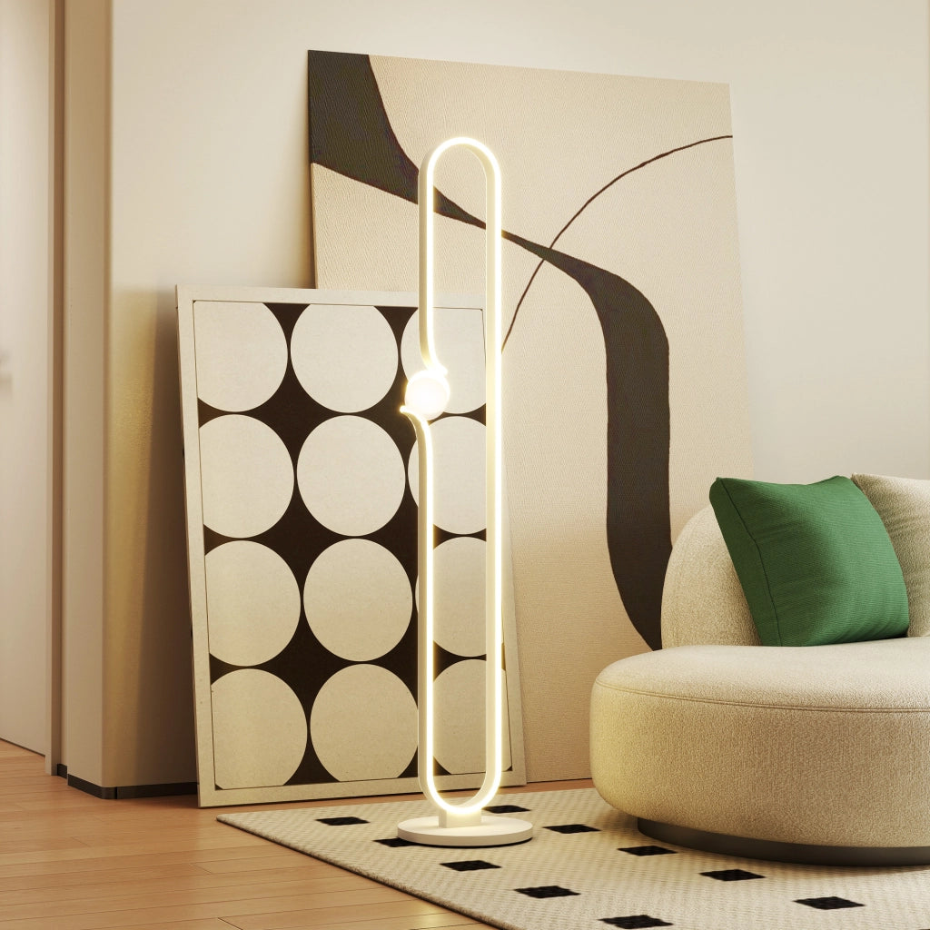 Lampada da Terra a LED Design ad Arco con Sfera in Vetro Luminosità Regolabile e Interruttore a Pedale Bianco