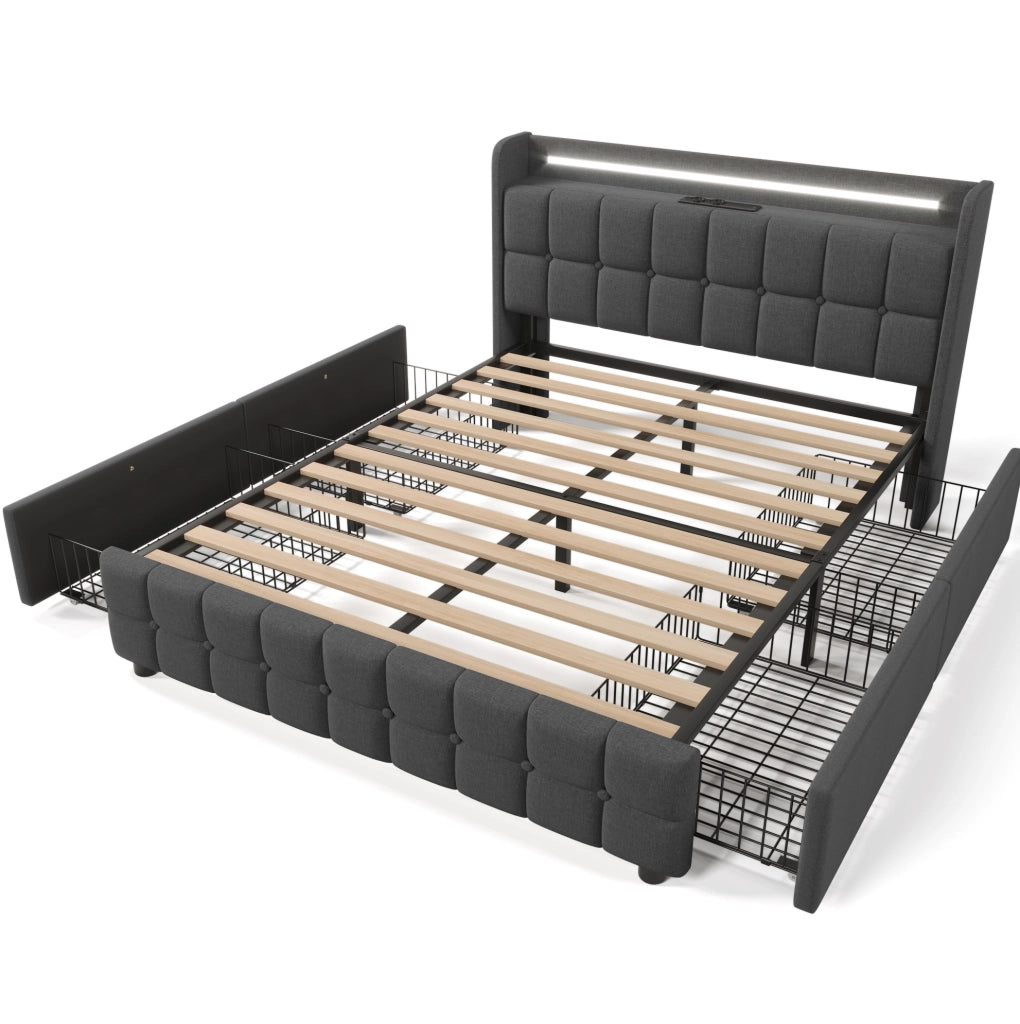 Letto matrimoniale 160x200 cm con USB, LED e 4 cassetti