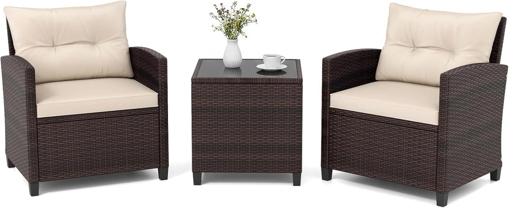 Set di Mobili da Giardino, in Rattan, 3 Pezzi Mobiletti, 1 Tavolino + 2 Poltrone, Salottino da Esterno, con Cuscini per Balcone, Giardino, Cortile, Terrazza, 3 Colori (Bianco)