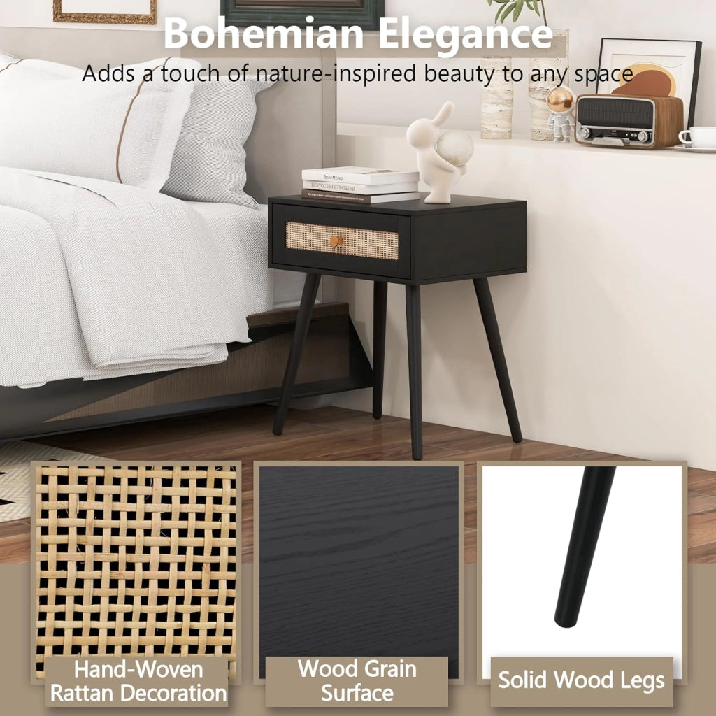 Comodino con Cassetto in Rattan, Comodino Camera da Letto in Stile Boho con Gambe in Legno di Pino, Tavolino Lato da Notte con Piedini Antiscivolo per Soggiorno, 48 x 40 x 58 cm (Nero)