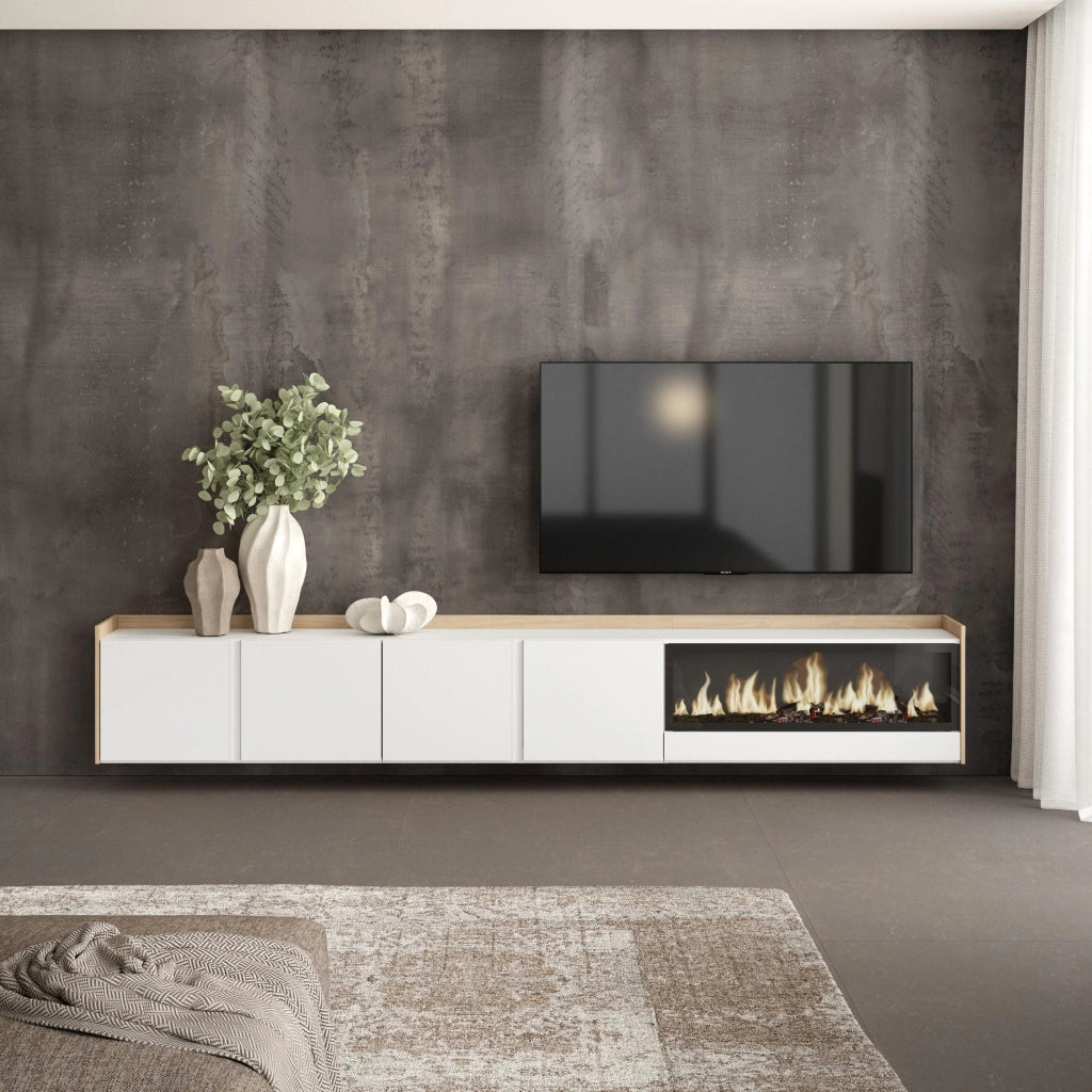 Mobile TV Soggiorno, 315x50x35 cm, Per TV fino a 80", Camino elettrico XXL, Sospeso, da appendere, Bianco e Rovere soft