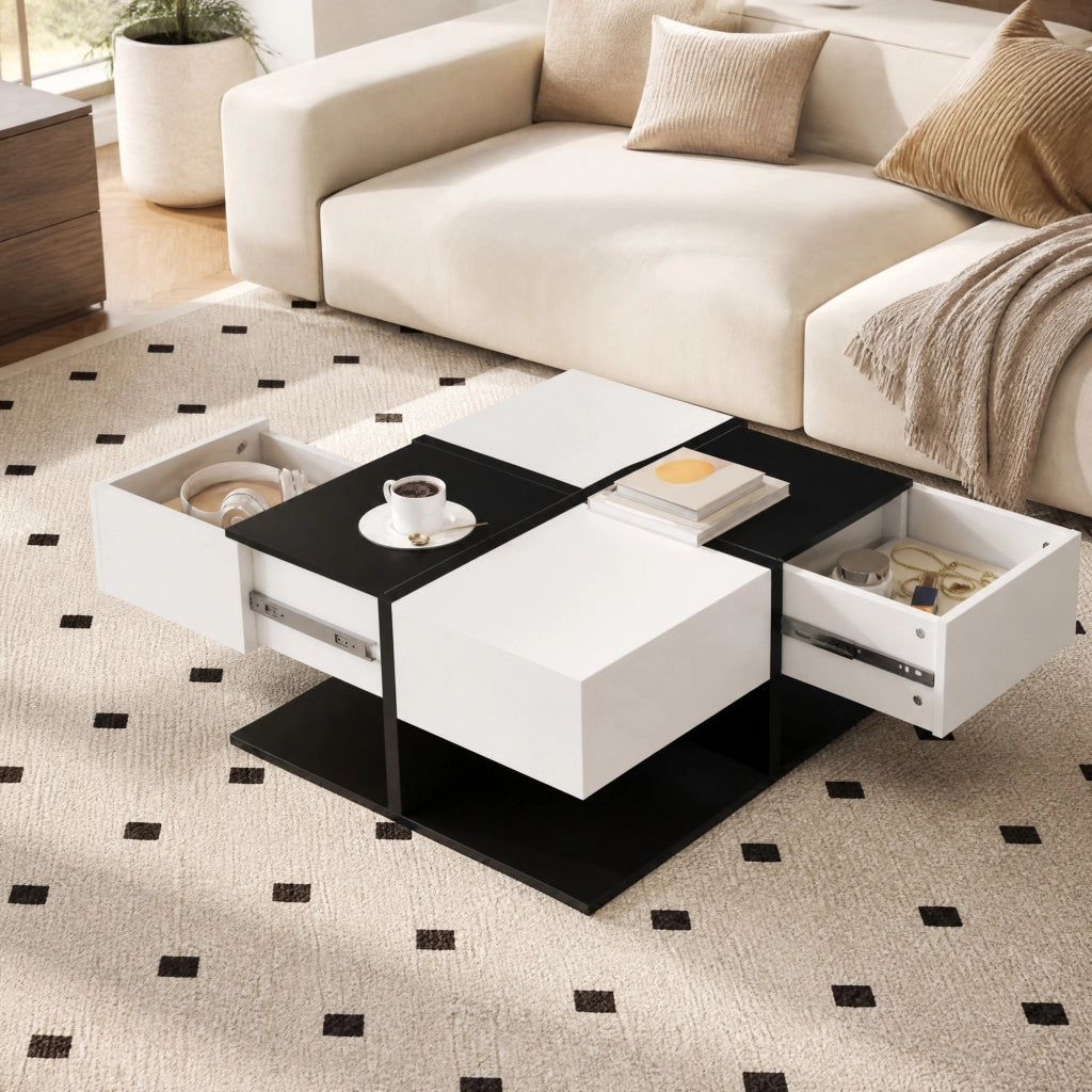 TAVOLINO DA CAFFÈ Quadrato 70 x 70 x 35,5 cm Bianco e Nero con 2 cassetti