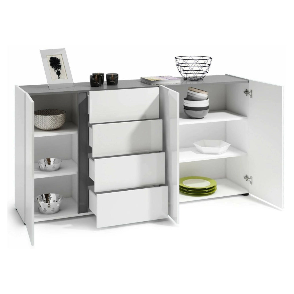 Credenza Baveno, Buffet da soggiorno, Madia da salotto, Dispensa da cucina, Made in Italy, 180x38h92 cm, Bianco lucido e Antracite