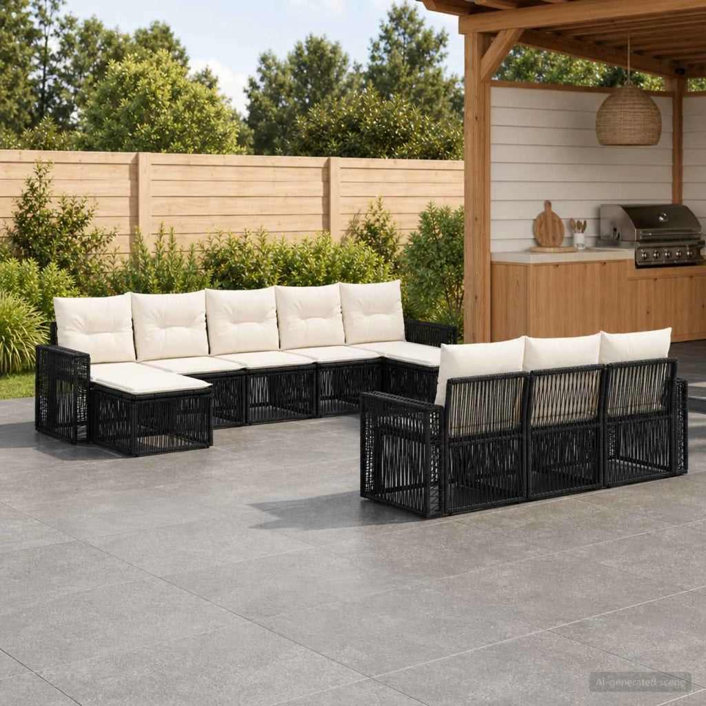 Set Divano da Giardino 10 pz Nero e Bianco Crema polyrattan 3435256