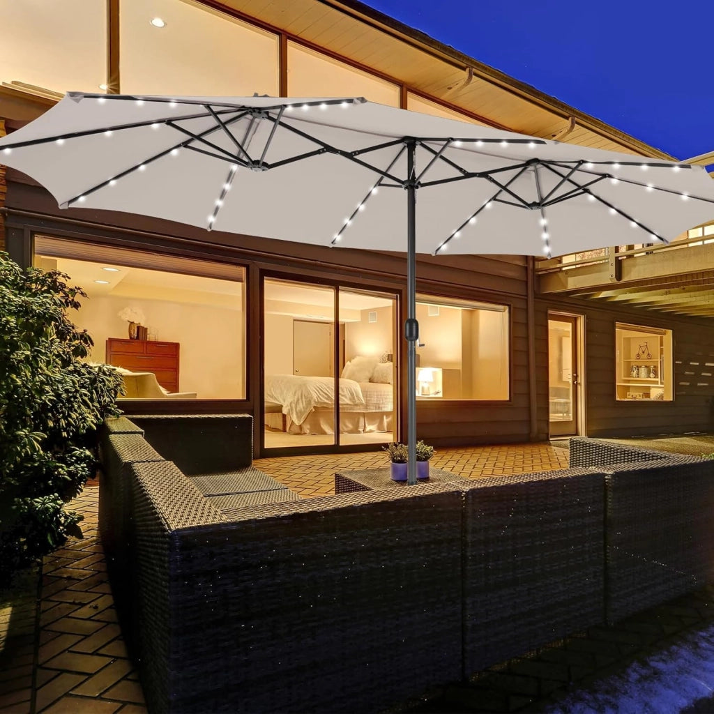 Ombrellone Doppio da Giardino 450 x 260 cm, con 48 Luci LED e 12 Stecche, Ombrellone Rettangolare con Manovella, per Giardino Piscina Cortile (Beige)