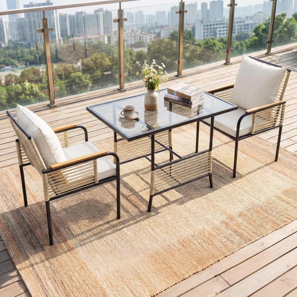 Set Salottino da Giardino in Vimini, Set di Mobili da 3 Pezzi per Esterno Salvaspazio con Cuscini, Tavolo Rettangolare e Sedie in Rattan per Balcone, Veranda, Giardino e Cortile (Beige)