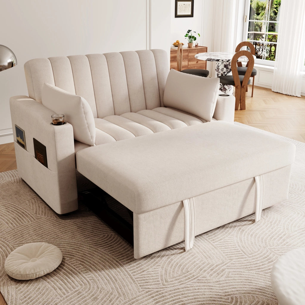Divano letto multifunzione 2 posti con schienale reclinabile a 3 posizioni; beige
