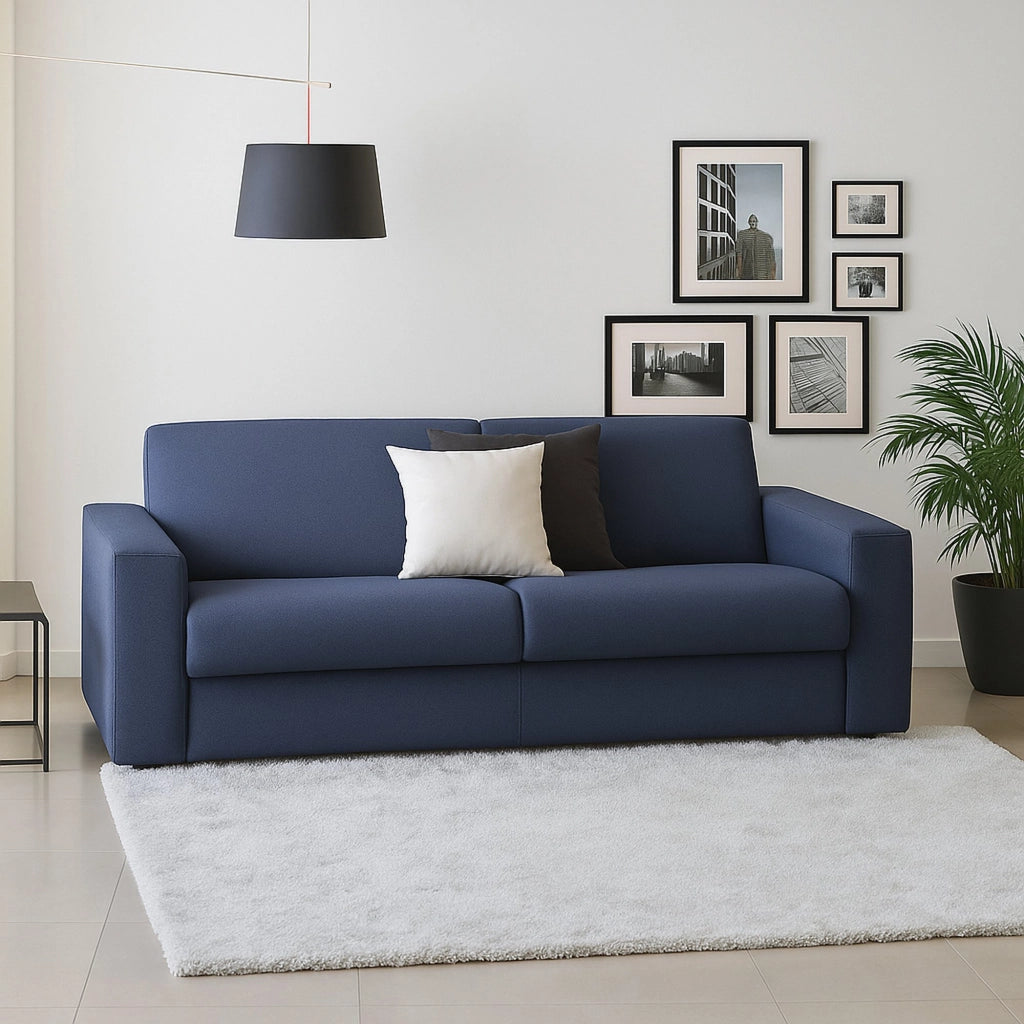 Divano fisso Azier, Divano a 2 posti Large, Made in Italy, SofÒ  Soggiorno in tessuto imbottito, con Braccioli standard, cm 200x95h90, Blu