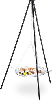 Barbecue a tre gambe con griglia e catenelle - Altezza regolabile - DxB: 151 x 100 cm - Nero-argento Barbecue