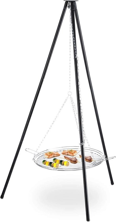 Barbecue a tre gambe con griglia e catenelle - Altezza regolabile - DxB: 151 x 100 cm - Nero-argento Barbecue