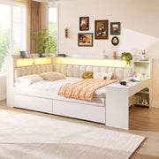 Letto daybed imbottito 140x200 cm con scrivania; 2 cassetti; LED e USB; bianco