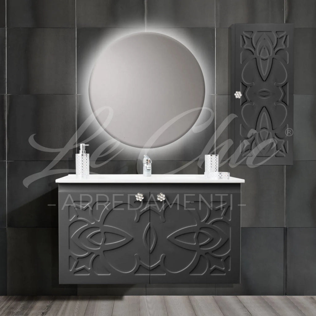 Mobile bagno nero sospeso stile Luxury con colonna - 120 cm, Rettangolare con applique