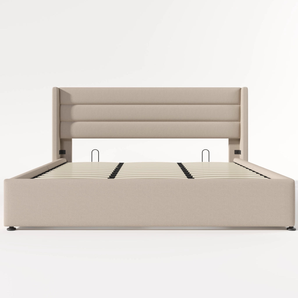 Letto matrimoniale idraulico – 180x200 cm – rete legno e metallo – lino beige