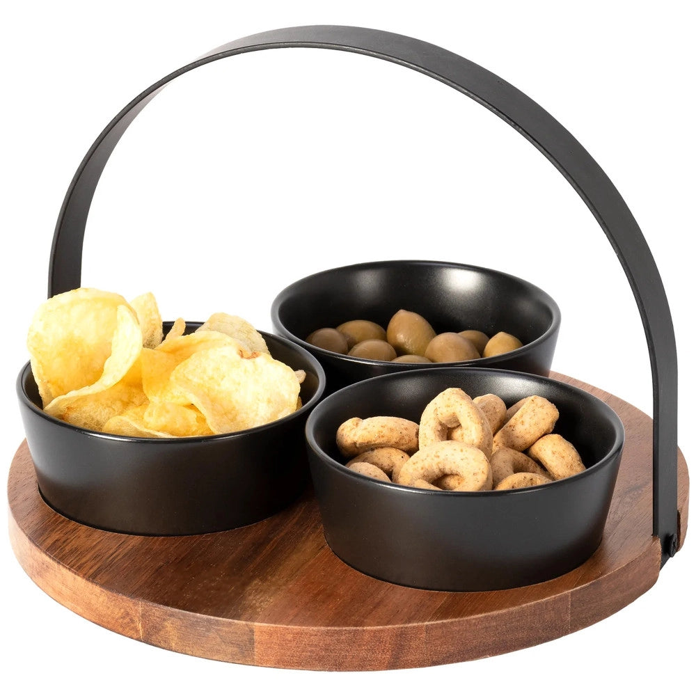 Trade Shop - Antipastiera Base In Legno Con Manico Metallo + 3 Ciotole Vassoio Finger Food -