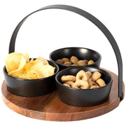 Trade Shop - Antipastiera Base In Legno Con Manico Metallo + 3 Ciotole Vassoio Finger Food -