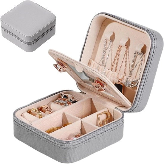 Organizzatore di accessori da viaggio con specchio - Cassetta portatile per gioielli - Grigio - Adatto per anelli, collane e orecchini - Regalo per donne