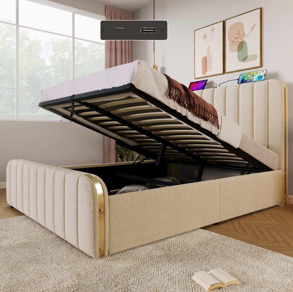 Letto contenitore imbottito 140x190 cm beige con USB e Type-C