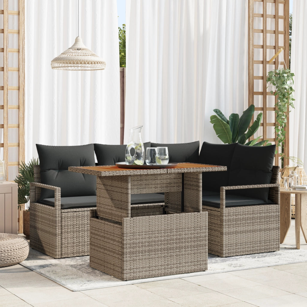 Set Divano da Giardino 5 Pezzi con Cuscini Grigi in Vimini e Acacia
