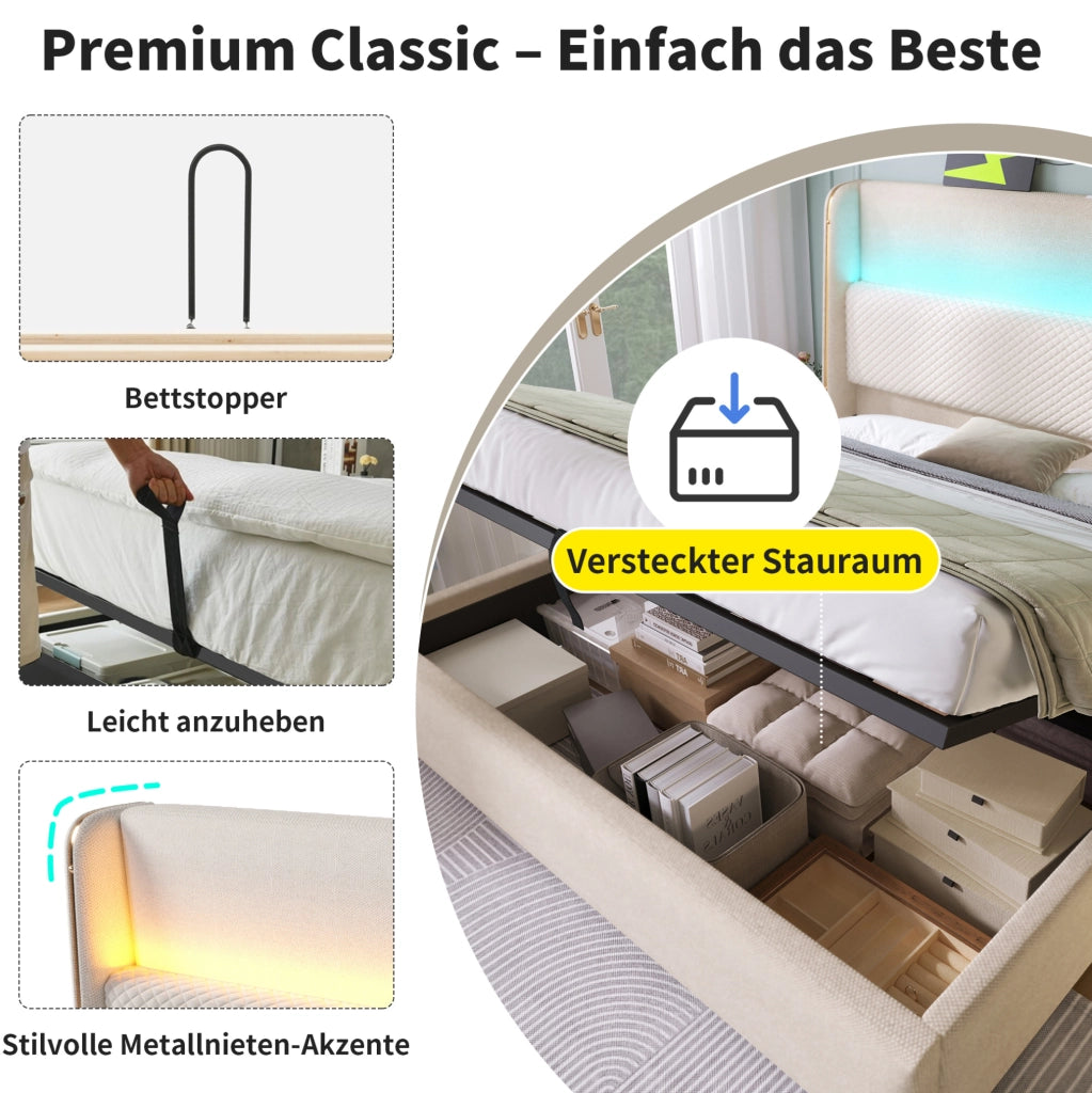 Letto contenitore idraulico con testiera alta, LED e ricarica integrata